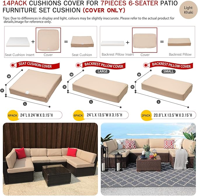 ClawsCover 14Pack Outdoor Patio Seat and Back Cushions Replacement Covers Fit for 7Pieces 6-Seater Wicker Rattan Sectional Couch Chair Furniture Set,Light Khaki-Include Cover Only (Small)