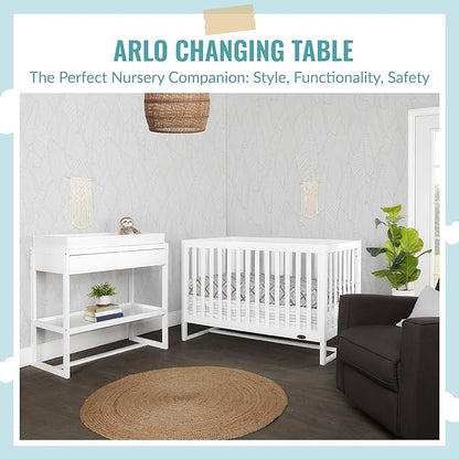 Arlo Changing Table in White, Made of Solid New Zealand Pinewood, Non-Toxic Finish, Comes with Water Resistant Mattress Pad & Safety Strap