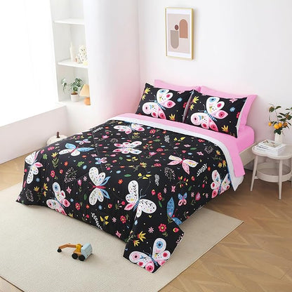 Kids Butterfly Comforter Set Full Size for Girls Black 7 Piece Bed in A Bag Colorful Flowers Leaves Bedding Set for Teens Super Soft All Season
