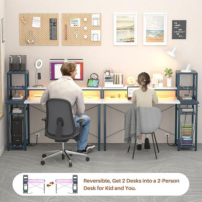 armocity 2024 Upgrade Gaming Desk with LED Lights, Small Computer Desk with Long Monitor Stand, 47.2'' Reversible Laptop Table with Storage Shelves, Small Desk for Small Spaces, Gaming Room, White