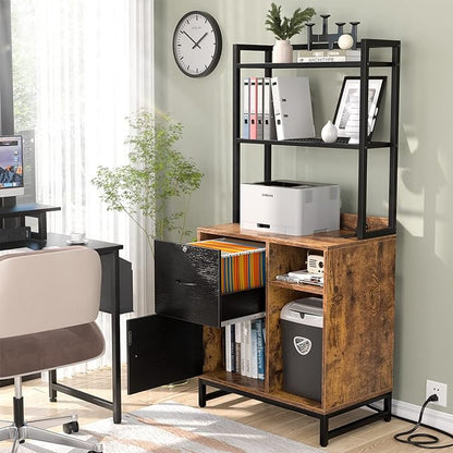 Homieasy Vertical Filing Cabinet with Lock & Charging Station, Large Drawer Wood File Cabinet with Bookshelf, Printer Stand with Open Storage Shelf, fits Letter Size for Home Office, Black and Rustic