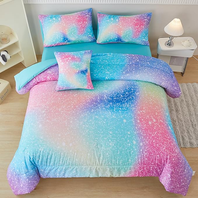 PERFEMET Rainbow Queen Girls Bedding Set, 6 Pieces Glitter Pink Green Comforter for Queen Size Bed, Colorful Tie Dye Ombre Teen Girls Bed in A Bag Comforter Set with Sheets
