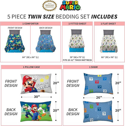 Franco Kids Bedding Super Soft Comforter and Sheet Set with Sham, 5 Piece Twin Size, Mario