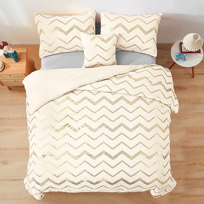 Girls Comforter Set Twin Size Cream Bedding Set Cute Metallic Gold Bed Comforter 3 Piece Lightweight Microfiber Comforter for Kids Teen