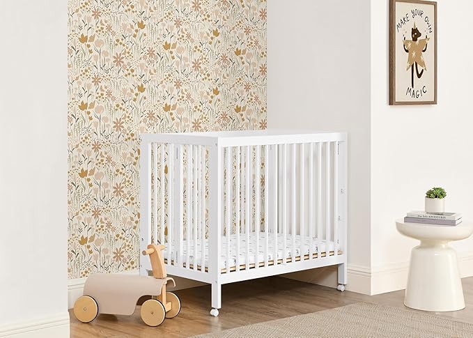 Delta Children Mia Portable Folding Mini Crib with 1.5-Inch Mattress - Greenguard Gold Certified, Bianca White