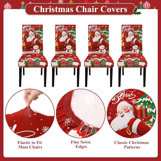 U'Artlines Christmas Chair Covers Set of 6, Removable Washable Merry Christmas Dining Chair Seat Covers Stretch Protector Slipcovers for Dining Room Kitchen Holiday Party Decor, Santa Claus