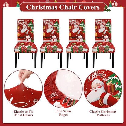 U'Artlines Christmas Chair Covers Set of 4, Removable Washable Merry Christmas Dining Chair Seat Covers Stretch Protector Slipcovers for Dining Room Kitchen Holiday Party Decor, Santa Claus