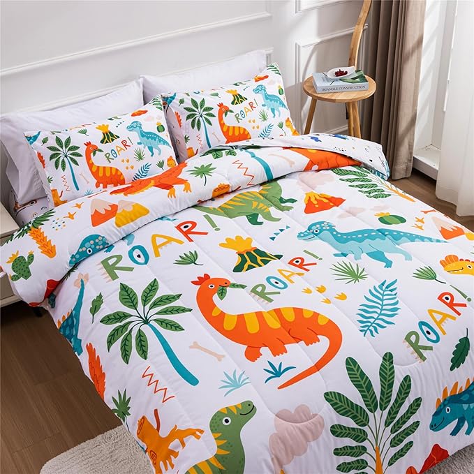 Meeting Story Dinosaur Bedding Set for Boys, Dinosaur Colorful Pattern Style Full Comforter Set, 3 PCS 1 Comforter and 2 Pillowcases in One Bag(Full,White)