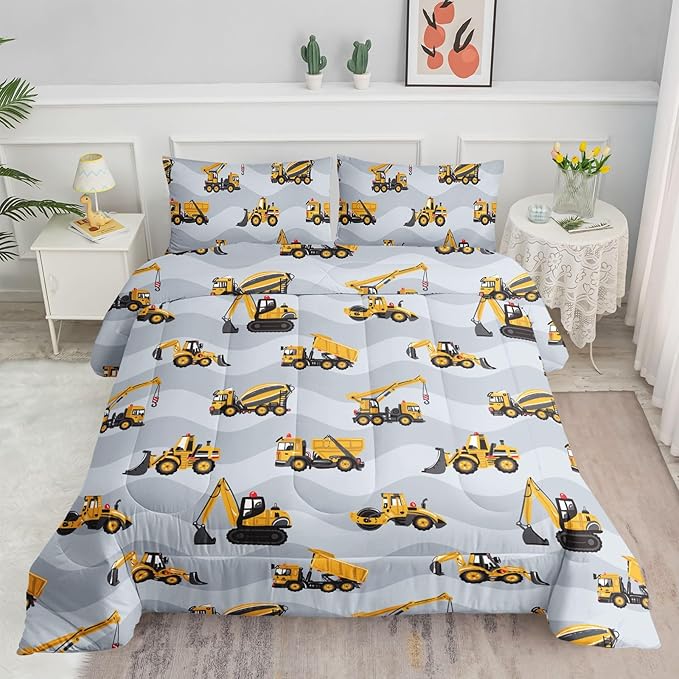 Datura home Construction Truck Comforter Set for Boys Kids Children,Grey Machinery Truck Excavators Vehicles Cartoon Tractor Bedding Set with 1 Comforter and 2 Pillowcases(Truck Grey Full) 80x90in