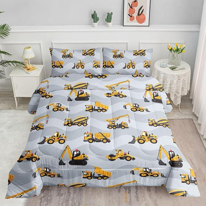 Datura home Construction Truck Comforter Set for Boys Kids Children,Grey Machinery Truck Excavators Vehicles Cartoon Tractor Bedding with 1 and 2 Pillowcases(Truck Grey Queen), Queen 90x90inches