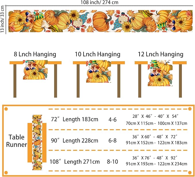 Fall Table Runner 108 Inches Long Autumn Table Runner Pumpkins Maple Leaves Gnome Fall Theme Decor for Kitchen Dining Table Home Party Decorations