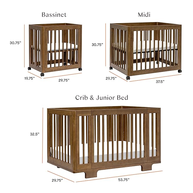 Babyletto Yuzu Convertible All-Stages Bassinet, Midi, Full-Size Crib in Natural Walnut, Greenguard Gold Certified, Portable & Adjustable with Conversion Kits and Pads Included