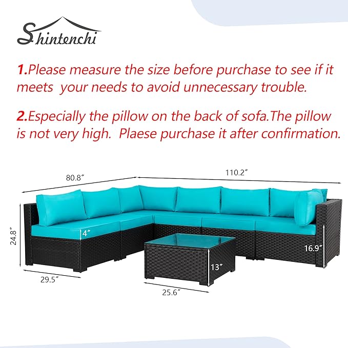 Shintenchi 7 Pieces Outdoor Patio Sectional Sofa Couch, Black PE Wicker Furniture Conversation Sets with Washable Cushions & Glass Coffee Table for Garden, Poolside, Backyard (Blue)