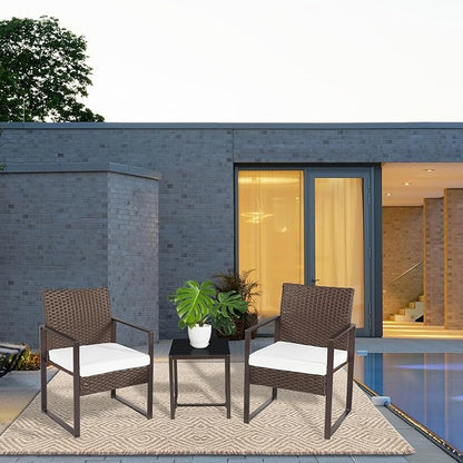 3 Pieces Patio Furniture Set Outdoor Wicker Bistro set Rattan Chair Conversation Sets with Coffee Table for Porch, Balcony,Garden,Backyard and Removable Cushions Beige