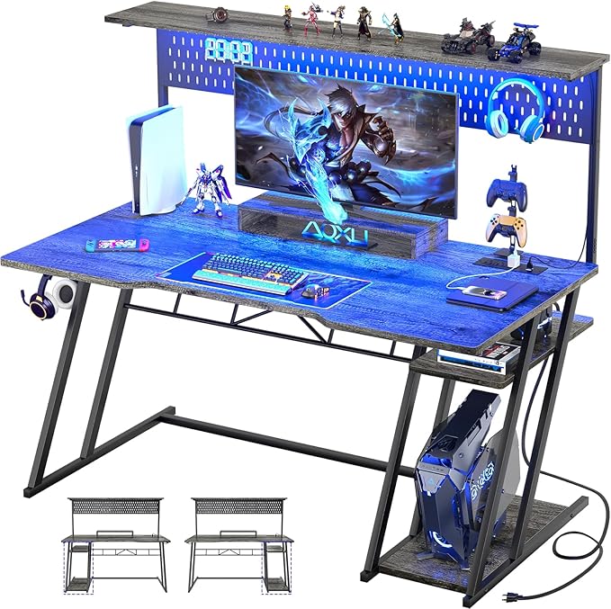 armocity 55'' Gaming Desk with Hutch and LED Lights, Gaming Computer Desk with Storage Shelves & Z-Shaped Legs, Reversible PC Gaming Desk with Pegboard, Ergonomic Desk for Bedroom, Grey Oak