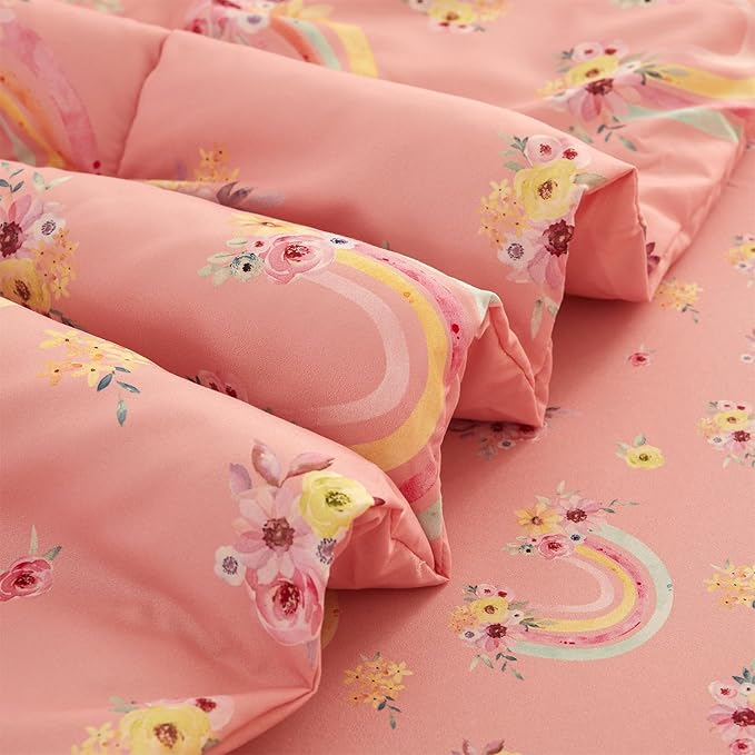 Mooreeke Full Size Comforter Sets for Girls Kids, 8 Pieces Bed in a Bag Pink Rainbow Flowers Bedding Comforter Sheet Set with Shams and Decorative Toy Pillow, Ultral Soft Microfiber Kids Bed Set