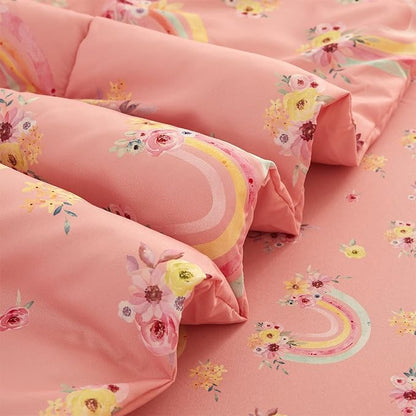 Mooreeke Full Size Comforter Sets for Girls Kids, 8 Pieces Bed in a Bag Pink Rainbow Flowers Bedding Comforter Sheet Set with Shams and Decorative Toy Pillow, Ultral Soft Microfiber Kids Bed Set