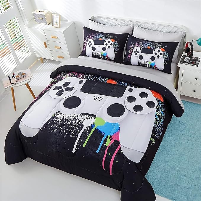 KAKKI 5 Piece Boys Full Gamer Comforter Set with Sheets, 3D Colorful Video Game Controller Comforter for Kids Teen, All Season Soft Microfiber Gaming Bedding Set(White,Full)
