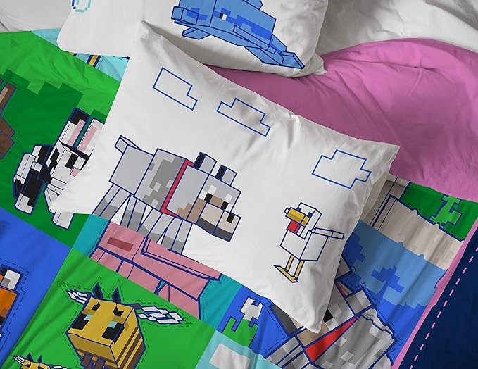 Jay Franco Minecraft Animal Patch 7 Piece Full Bed Set - includes Comforter & Sheet Set Bedding - Super Soft Fade Resistant Microfiber (Official Minecraft Product)