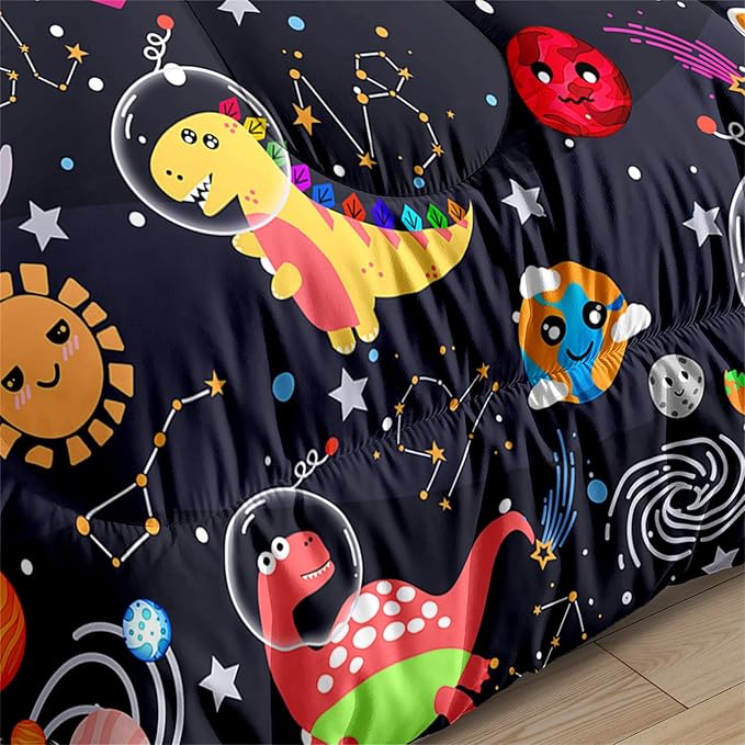 Boys Dinosaur Comforter Set Queen Size, 3Pcs Black Cartoon Dinosaur Bedding Set for Girls Kids Adults Bedroom Decor, Boys Comforter Set for All Season, Lightweight, 1 Quilt with 2 Pillowcases