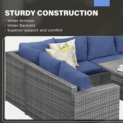Solaste 7 Piece Outdoor Patio Furniture Set, Outdoor Sectional PE Rattan Patio Conversation Sofa with All Weather Dining Table Chair Set, Blue