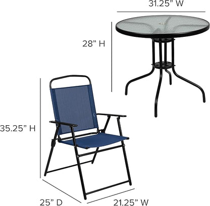 Flash Furniture Nantucket 6-Piece Patio Dining Set with Glass Table, 4 Folding Chairs, and Umbrella, Outdoor Patio Table, Chairs, Umbrella Set, Navy