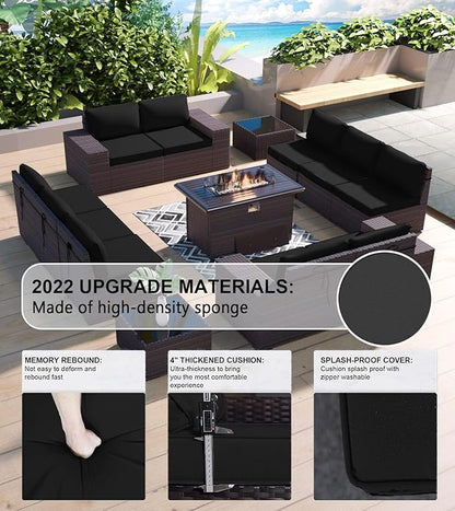 Kullavik 13 Pieces Outdoor Patio Furniture Set with 43" 55000BTU Gas Propane Fire Pit Table PE Wicker Rattan Sectional Sofa Patio Conversation Sets,Black