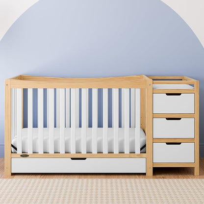Graco Remi 4-In-1 Convertible Crib & Changer With Drawer (White & Natural) – GREENGUARD Gold Certified, Crib And Changing-Table Combo, Includes Changing Pad, Converts To Toddler Bed, Full-Size Bed