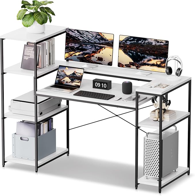 63-Inch Computer Desk with Printer Shelf, Teen Desk, Home Office Desk with Monitor Stand and Bookshelf for Study, Writing, PC Work, Gaming