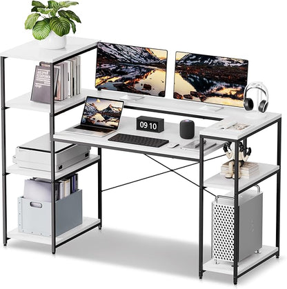 63-Inch Computer Desk with Printer Shelf, Teen Desk, Home Office Desk with Monitor Stand and Bookshelf for Study, Writing, PC Work, Gaming