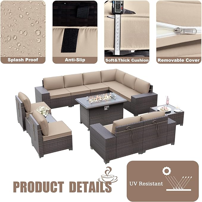Patio Furniture Sectional Sofa Set 13-Pieces PE Rattan Patio Conversation Set w/43in Gas Fire Pit Table, Outdoor Furniture with 55000 BTU Propane Fire Pit, Sand