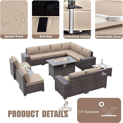 Patio Furniture Sectional Sofa Set 13-Pieces PE Rattan Patio Conversation Set w/43in Gas Fire Pit Table, Outdoor Furniture with 55000 BTU Propane Fire Pit, Sand