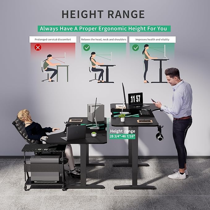 Standing Adjustable Desk, 63 inches L Shaped Electric Standing Gaming Desk with Locking Wheels, Cup Holder, Headphone Hook, Cable Manager, Mouse pad, Carbon Fiber Textured Pane