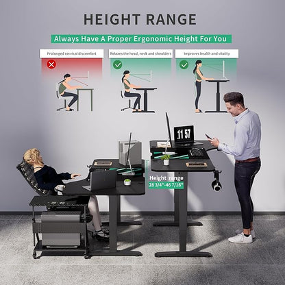 Standing Adjustable Desk, 63 inches L Shaped Electric Standing Gaming Desk with Locking Wheels, Cup Holder, Headphone Hook, Cable Manager, Mouse pad, Carbon Fiber Textured Pane