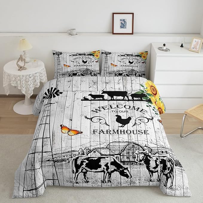 Rustic Western Comforter Set, Western Cow Bull Bedding Queen For Boys Teens Youth, Tribal Windmill Farmhouse Southwestern Bedding Comforter Sets for Women Men, Woodland Animals Quilt, 2 Pillowcases