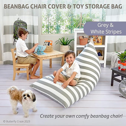 Butterfly Craze Bean Bag Chair Cover, Functional Toddler Toy Organizer, Fill with Stuffed Animals to Create a Jumbo, Comfy Floor Lounger for Boys or Girls, Stuffing Not Included, Grey Stripe