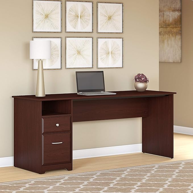 Bush Furniture Cabot Desks for Home Office with Storage and Chrome Hardware | Elegant Computer Table with Drawers, 72W, Harvest Cherry
