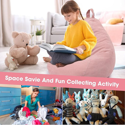 2 Pcs 100L Stuffed Animal Storage Bean Bag Chair Cover (No Filler) for Kids Soft Corduroy Stuffable Bean Bag Zipper for Organizing Children Plush Toys(Pink)