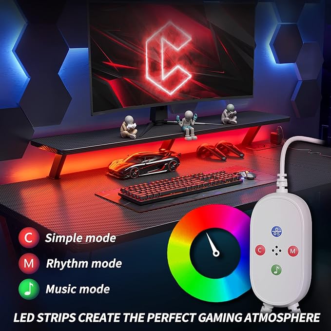CubiCubi Aurora Gaming Desk with LED Lights & Power Outlets, 40 Inch L Shaped Carbon Fiber Surface Desk with Storage Shelves, Small Corner Computer Desk with Monitor Shelf, Gamer Desk PC Table, Black