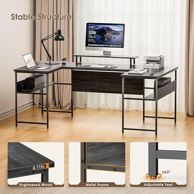 79” U Shaped Desk with Power Outlets, Reversible L Shaped Gaming Desk with Storage Shelves, Large Corner Computer Desk with Monitor Stand, 2 Person Desk for Home Office, Grey Black