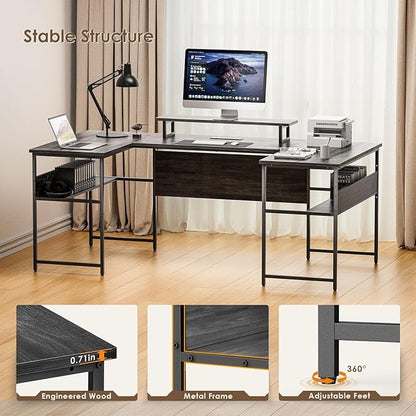 79” U Shaped Desk with Power Outlets, Reversible L Shaped Gaming Desk with Storage Shelves, Large Corner Computer Desk with Monitor Stand, 2 Person Desk for Home Office, Grey Black