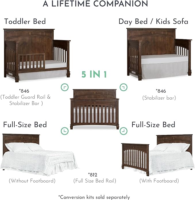 Evolur Santa Fe 5-in-1 Convertible Crib in Antique Brown, Greenguard Gold Certified, Features 3 Mattress Heights, Wooden Nursery and Bedroom Furniture, Baby Crib