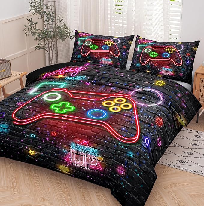 NINENINE Gamer Bedding Sets Twin Comforter Sets for Boys 5PCS Gaming Bedding Sets for Boys Black Bedding Comforter Sheet Set(1Comforter, 1Flat Sheet, 1Fitted Sheet, 2Pillowcases)…