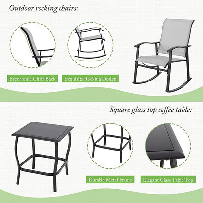 Shintenchi 3 Piece Rocking Bistro Set, Outdoor Furniture with Rocker Chairs and Glass coffee table set of 3, Balcony, Porch Furniture for Small Space, Light Gray