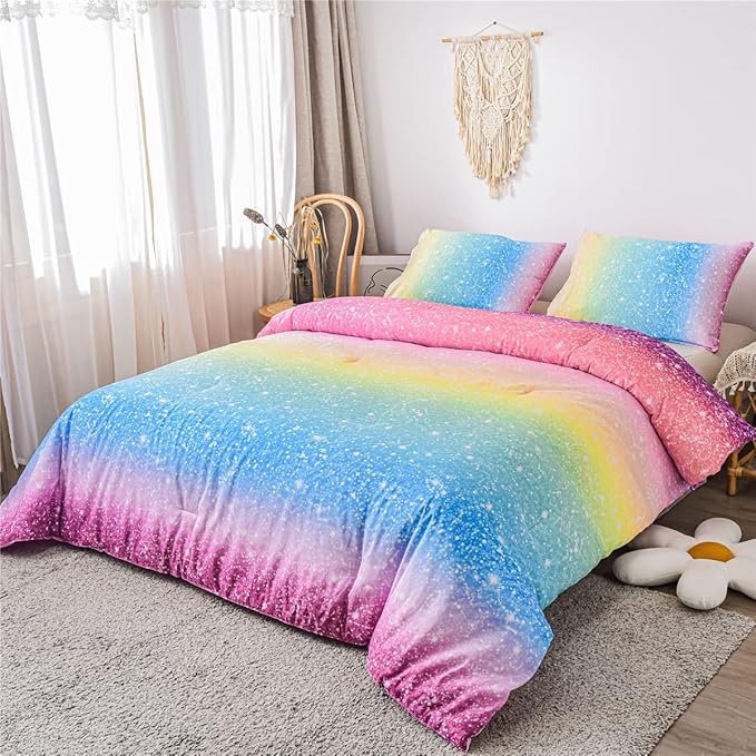 Holawakaka Kids Space Star Glitter Comforter Set Ombre Multi-color Print Gradient Bedding Set Full Size (Multi-color, Full)