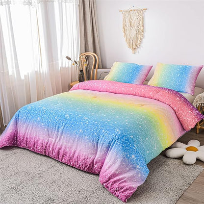 Holawakaka Kids Space Star Glitter Comforter Set Ombre Multi-color Print Gradient Bedding Set Full Size (Multi-color, Full)