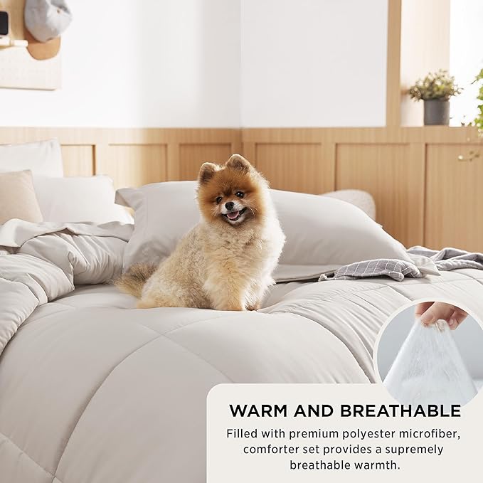 Bedsure Beige Queen Comforter Set - 7 Pieces Solid Queen Bed in a Bag, Queen Bed Set Beige with Comforters, Sheets, Pillowcases & Shams