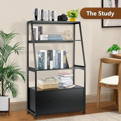2 Drawer Lateral File Cabinet with Bookshelf, Industrial 4-Tier Filing Cabinet Printer Stand with Wheels, Ladder Shelf Stand with Open Storage for Home Office,Black