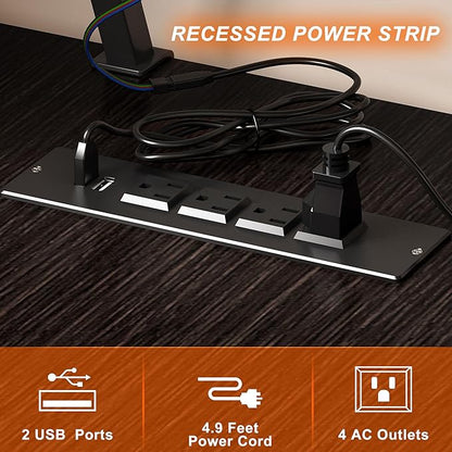 DlandHome Reversible L-Shaped Desk with Monitor Stand,LED Lighting Computer Desk with Power Outlets,Home Office Table Computer Workstation, Black