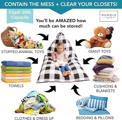 Stuffed Animal Bean Bag Storage - Machine Washable Bean Bag Chair for Kids - Extra Large Cover for Stuffing with Plush Toys, Pillows, Soft Items - Stuffed Animal Holder for Boys & Girls - Gingham